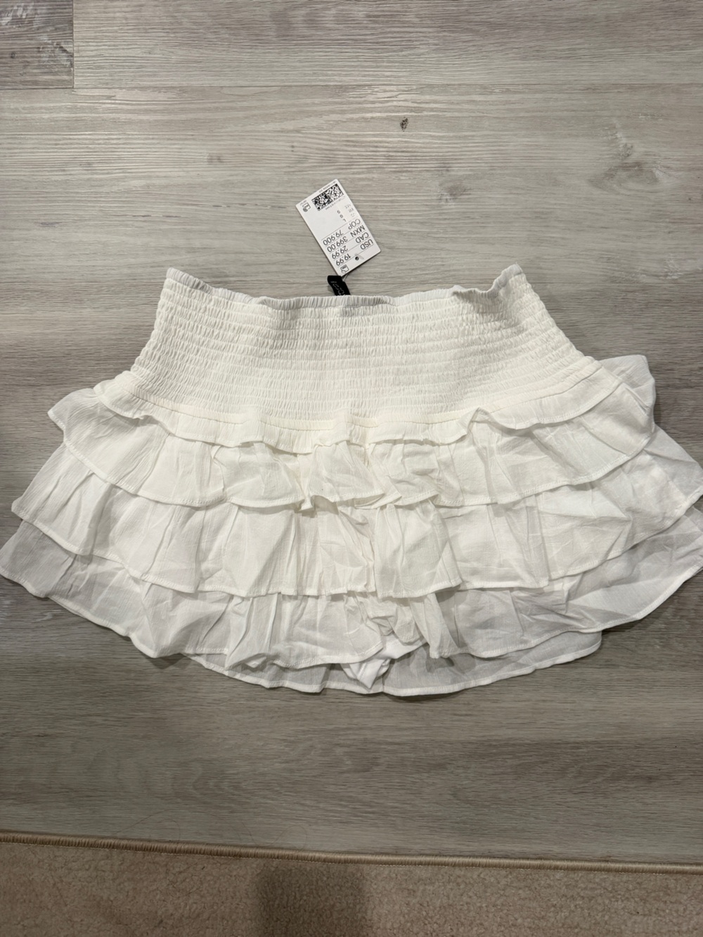 Divided White Ruffled Smocked-Waist Skater Skirt